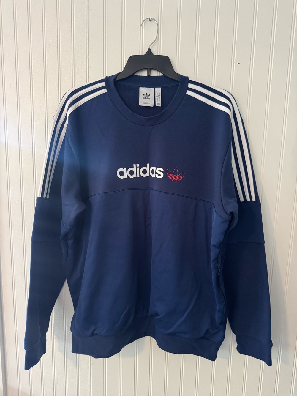 adidas Navy Crewneck with White Shoulder Stripes and Red Trefoil